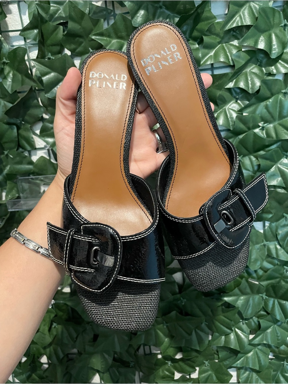 Donald J. Pliner Black Patent Buckle Mule Sandals